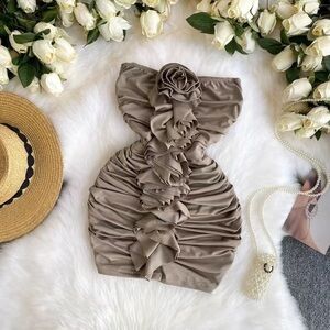 Elegant Strapless Ruffle Dress in Taupe